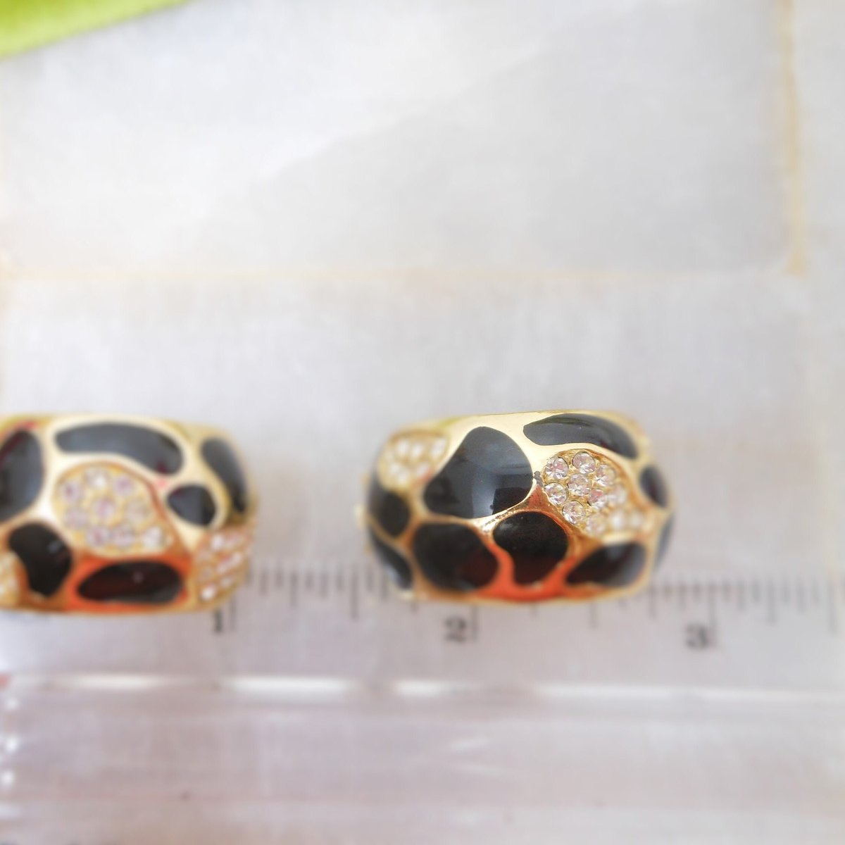 Vintage CHRISTIAN DIOR Designer Earrings Clip On Black Enamel Cheetah Crystal Rhinestone Chunky Hoop Mid Century Jewelry, VivianJoel.com