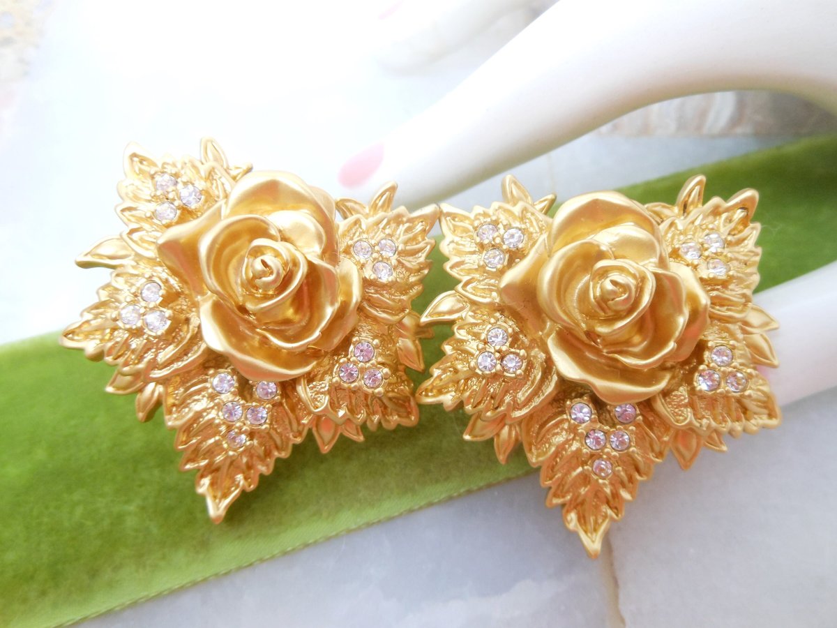 Vintage ELIZABETH TAYLOR Earrings Designer Passion Flower Rose Clear Crystal Clip On Rhinestone Statement Runway Jewelry, VivianJoel.com