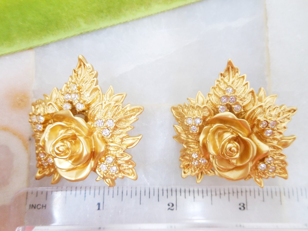 Vintage ELIZABETH TAYLOR Earrings Designer Passion Flower Rose Clear Crystal Clip On Rhinestone Statement Runway Jewelry, VivianJoel.com