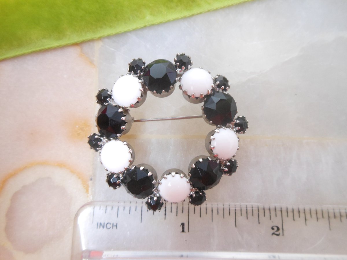 Vintage Crystal Wreath Brooch Black Jet White Milk Glass Pin Rhinestone Circle Mod Mid Century Jewelry Gift, VivianJoel.com