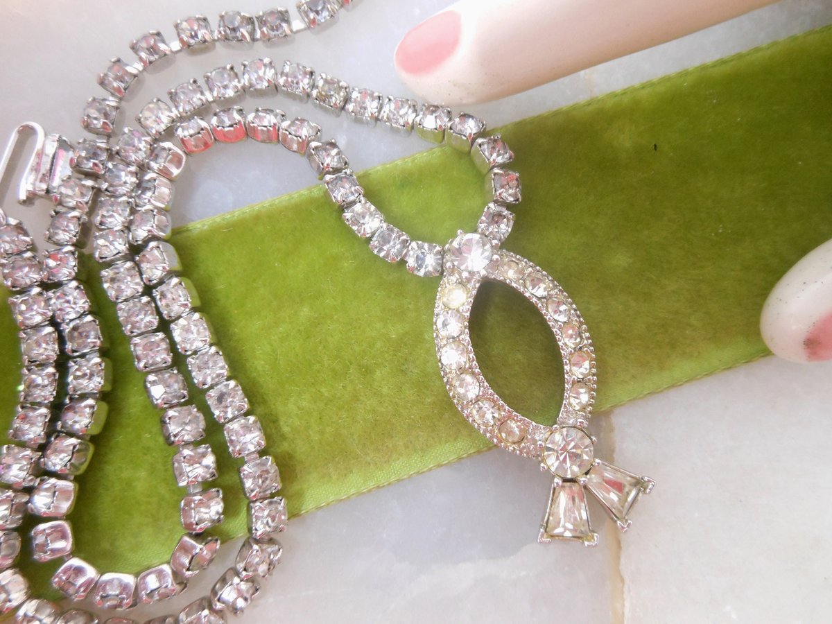 Vintage SARAH COVENTRY Designer Glam Rhinestone Pendant Necklace Clear Crystal Jewelry Gift Mid Century,  VivianJoel.com