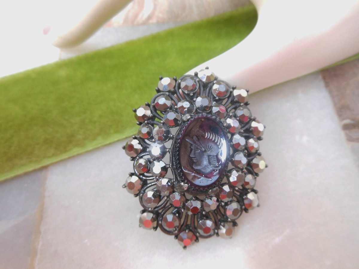 Vintage Black Cameo Brooch Warrior Pendant Carved Glass Pin Goth Mourning Victorian Regency Revival Mid Century Jewelry,  VivianJoel.com