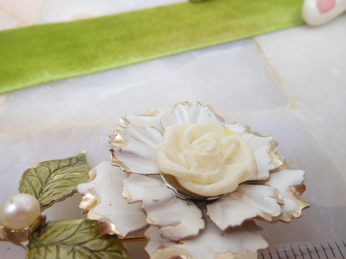 Vintage CORO Flower Designer Brooch White Enamel Pin Ruffled Petal Faux Pearl Jewelry Mid Century, VivianJoel.com