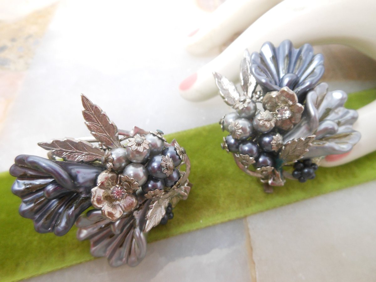 Vintage BEAU JEWELS Earrings Flower Jumbo Clip On Bead Cluster Rhinestone Crystal Silver Gray Designer Jewelry Mid Century, VivianJoel.com