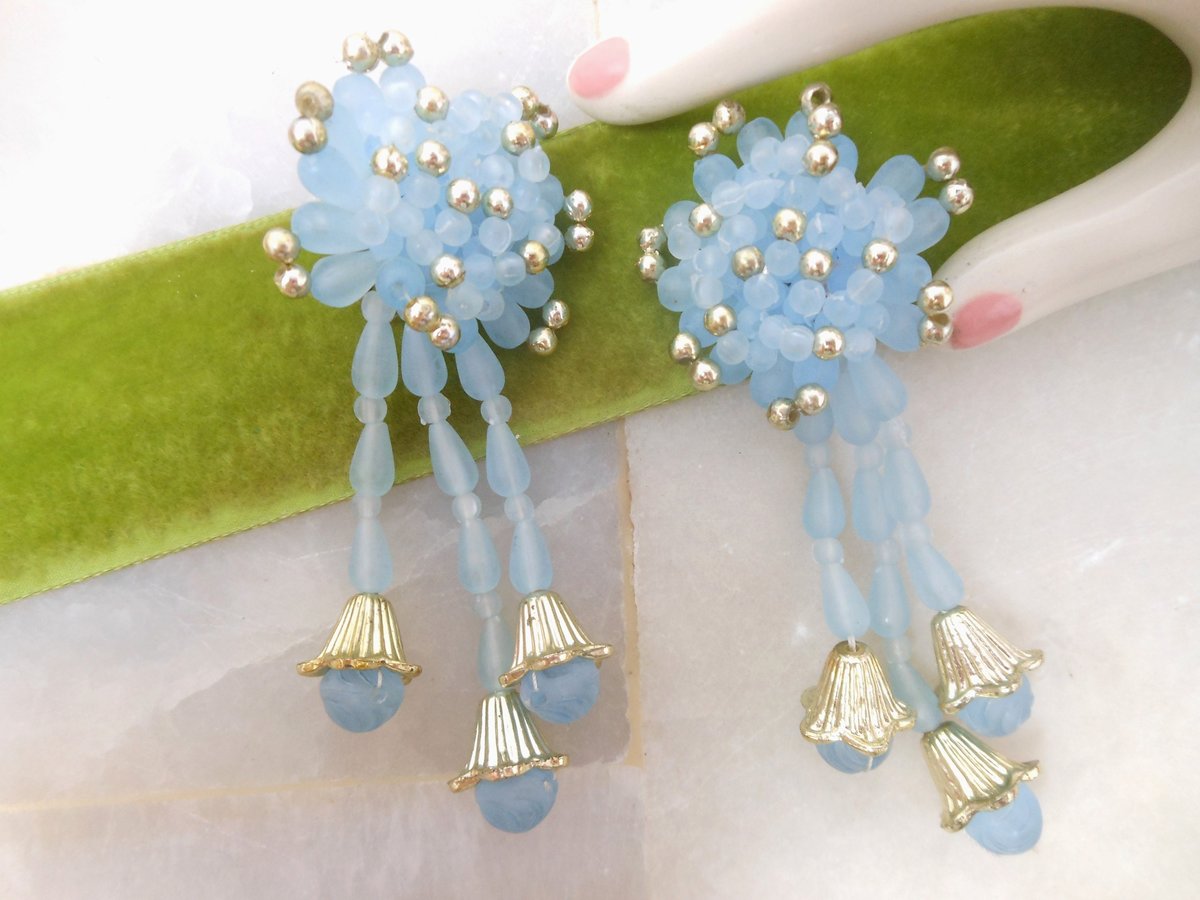 Vintage Huge Blue Earrings Dangle Drop Plastic Bead Shoulder Duster Jumbo 80s Jewelry Gift Mid Century, VivianJoel.com