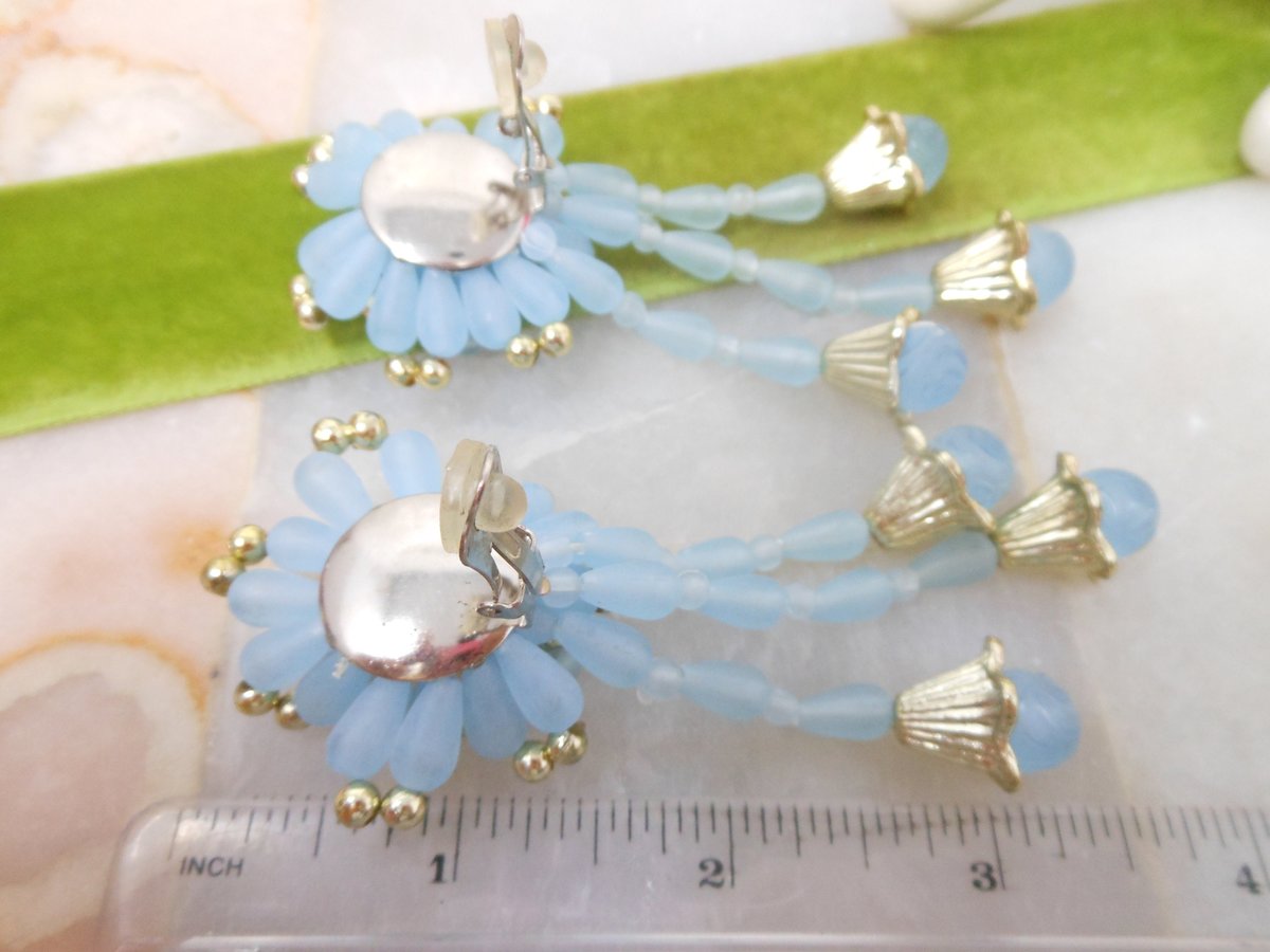 Vintage Huge Blue Earrings Dangle Drop Plastic Bead Shoulder Duster Jumbo 80s Jewelry Gift Mid Century, VivianJoel.com
