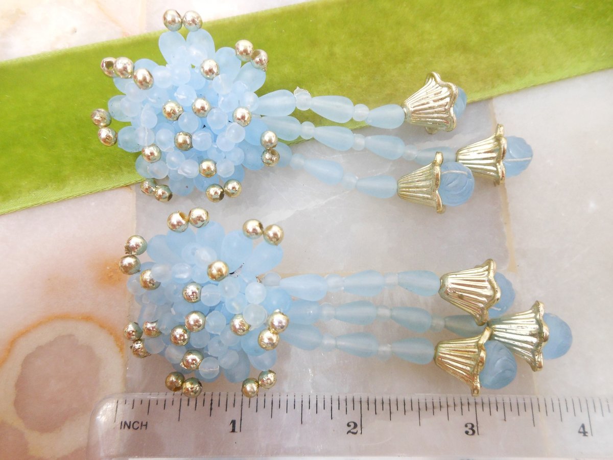 Vintage Huge Blue Earrings Dangle Drop Plastic Bead Shoulder Duster Jumbo 80s Jewelry Gift Mid Century, VivianJoel.com