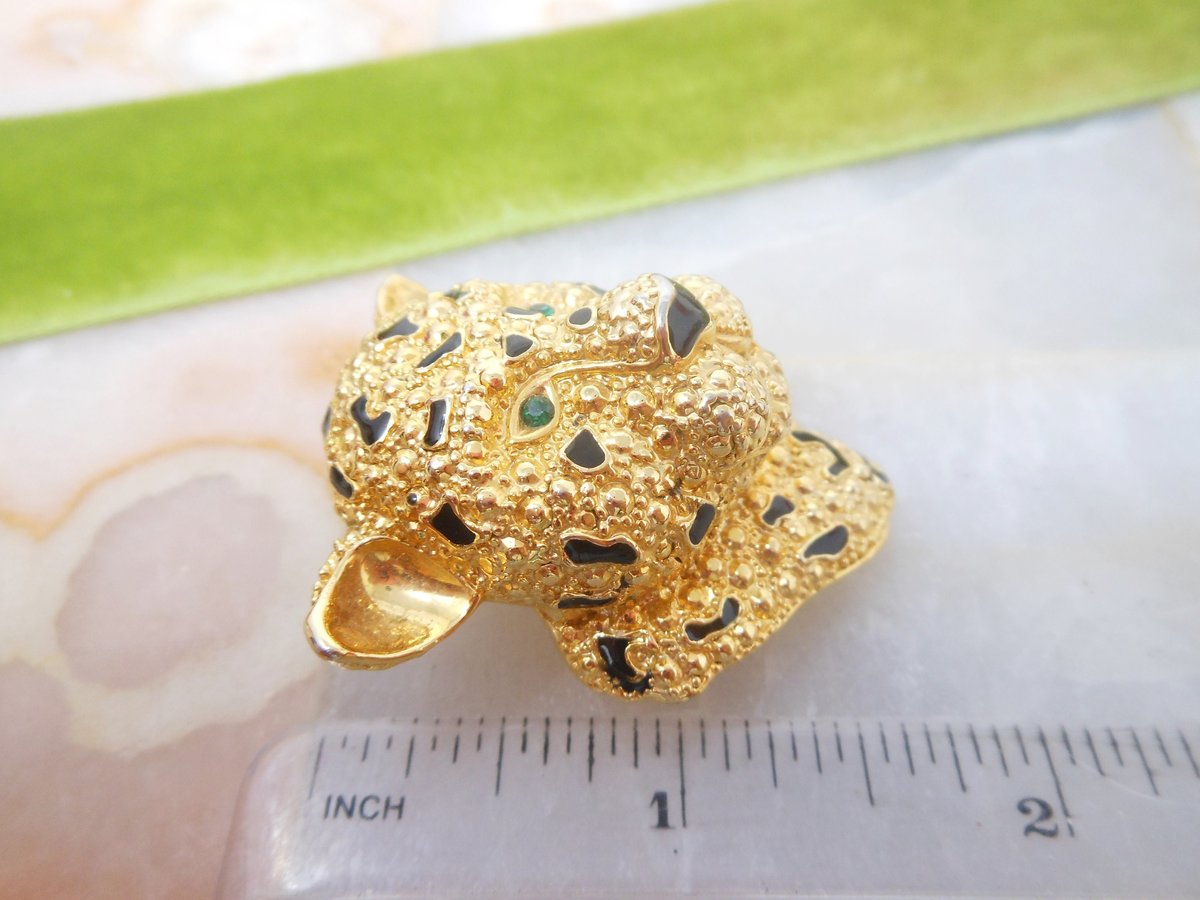 Vintage Leopard Tiger Cat Pin Brooch Rhinestone Green Enamel Figural Mid Century Jewelry, VivianJoel.com