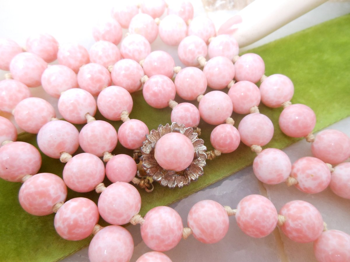 Vintage Pink Art Glass Bead Necklace Two Strand Mottled Peking Jewelry Gift Mid Century, VivianJoel.com