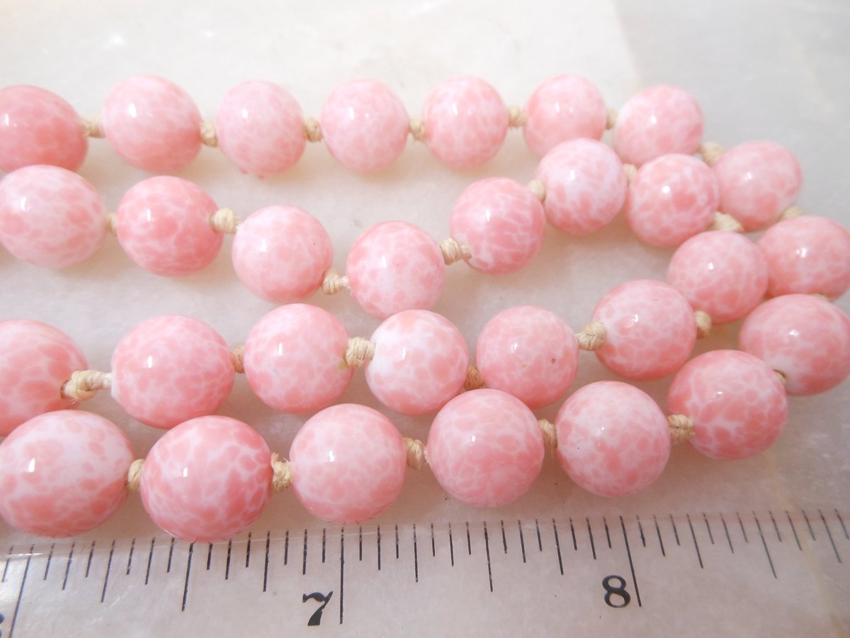 Vintage Pink Art Glass Bead Necklace Two Strand Mottled Peking Jewelry Gift Mid Century, VivianJoel.com