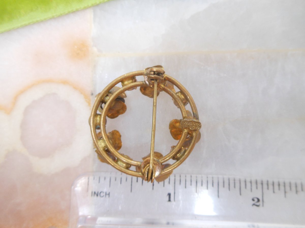 Vintage AUSTRIA Pink Rhinestone Flower Pin Flower Brooch Wreath Petite Circle Mid Century Jewelry, VivianJoel.com