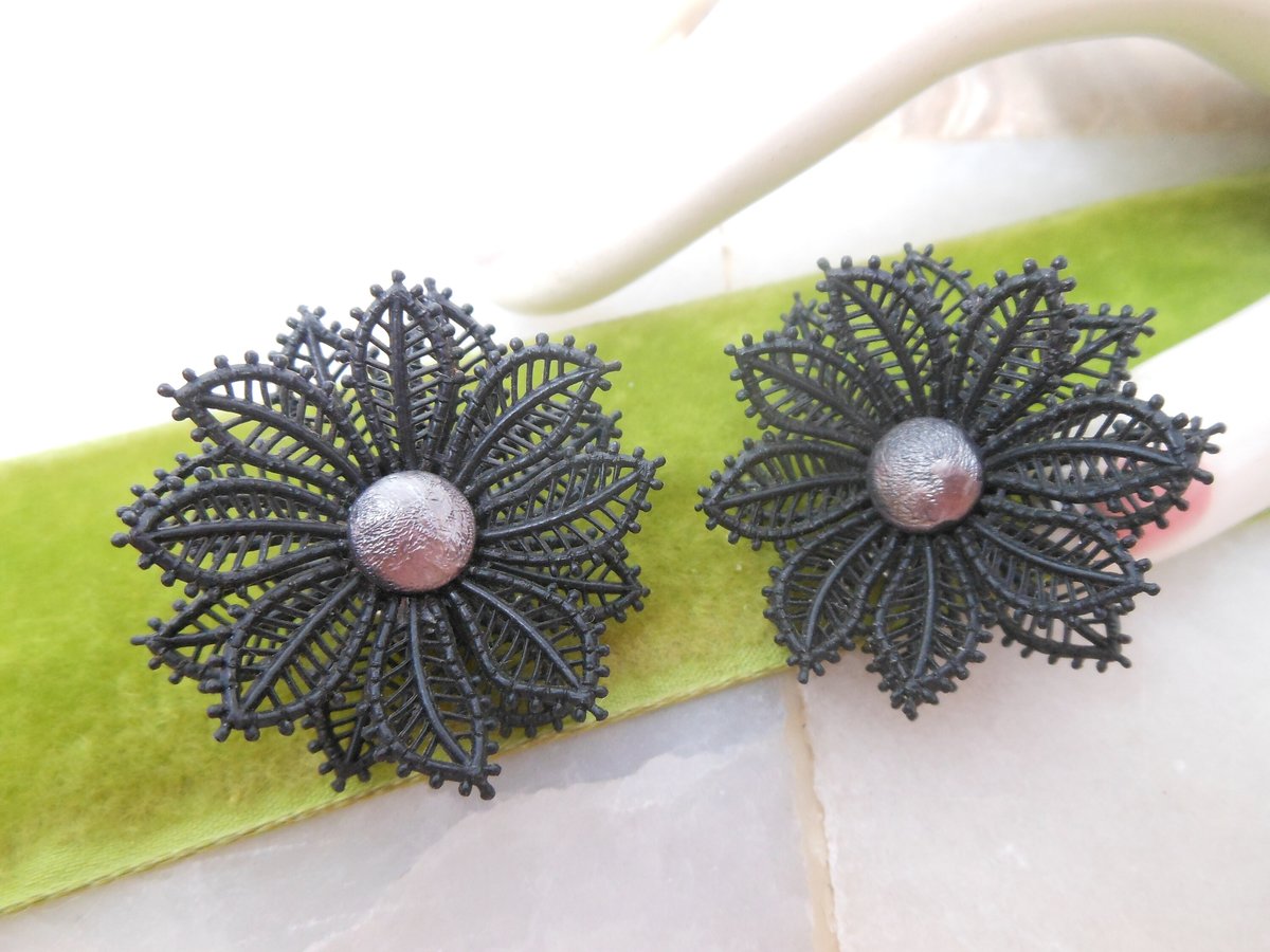 Vintage WEST GERMANY Flower Doily Lace Mod Earrings Black Plastic Clip On Kitsch Mid Century Jewelry Gift, VivianJoel.com