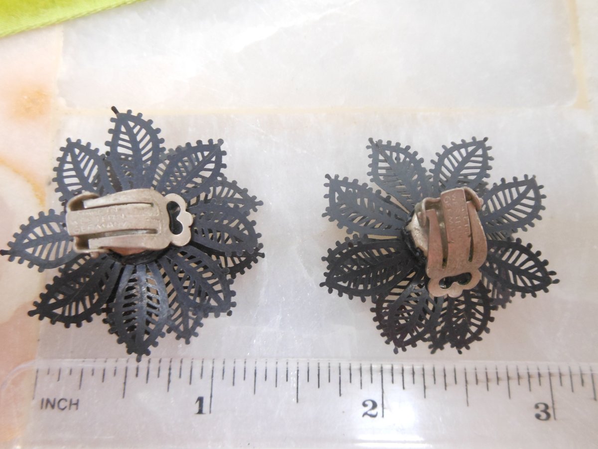 Vintage WEST GERMANY Flower Doily Lace Mod Earrings Black Plastic Clip On Kitsch Mid Century Jewelry Gift, VivianJoel.com
