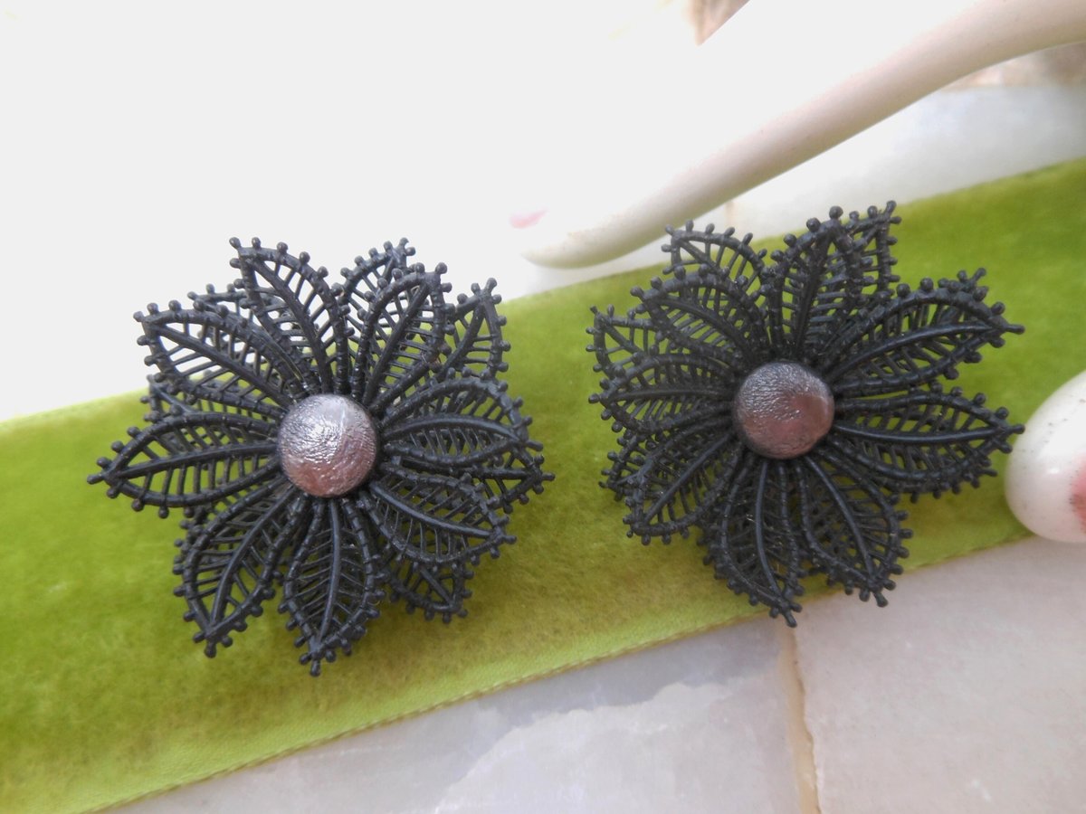 Vintage WEST GERMANY Flower Doily Lace Mod Earrings Black Plastic Clip On Kitsch Mid Century Jewelry Gift, VivianJoel.com