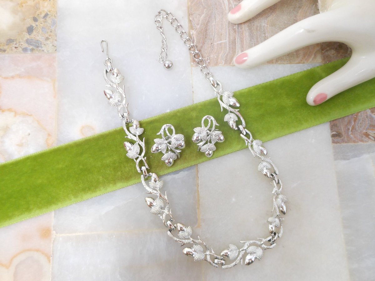 Vintage CORO Necklace Earrings Set Silvertone Acorn Leaf Modernist Mid Century Designer Jewelry Gift, VivianJoel.com