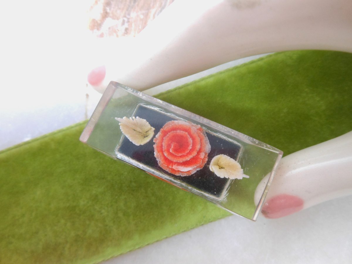 Vintage Orange Rose Brooch Lucite Flower Pin Reverse Carved Mid Century Plastic Resin Jewelry Gift, VivianJoel.com