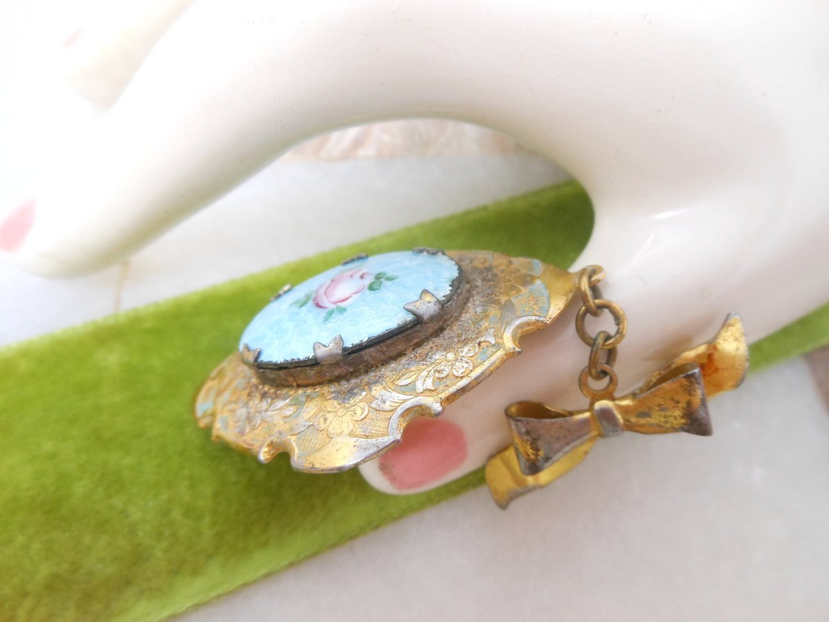 Vintage Flower Locket Brooch Photo Charm Pin Enamel Guilloche Pendant Fob Bow Victorian Revival Mid Century Jewelry Gift, VivianJoel.com