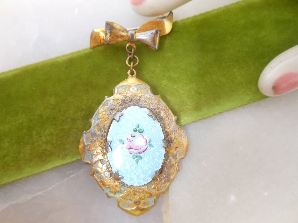 Vintage Flower Locket Brooch Photo Charm Pin Enamel Guilloche Pendant Fob Bow Victorian Revival Mid Century Jewelry Gift, VivianJoel.com