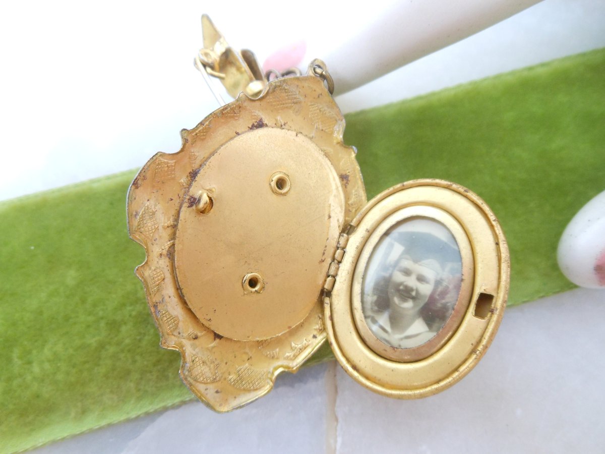 Vintage Flower Locket Brooch Photo Charm Pin Enamel Guilloche Pendant Fob Bow Victorian Revival Mid Century Jewelry Gift, VivianJoel.com