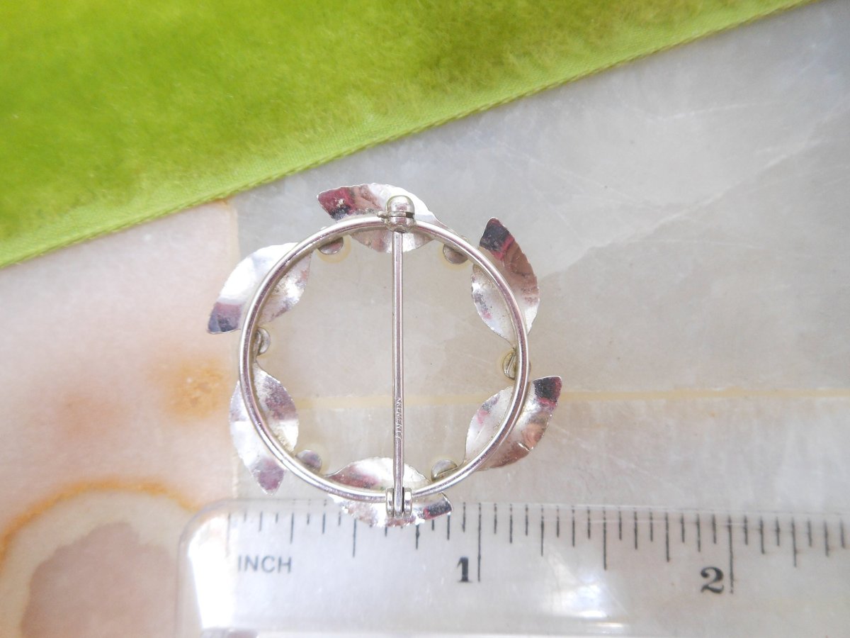 Vintage KREMENTZ Pearl Brooch Wreath Circle Pin White Gold Overlay Designer Petite Mid Century Jewelry Gift, VivianJoel.com