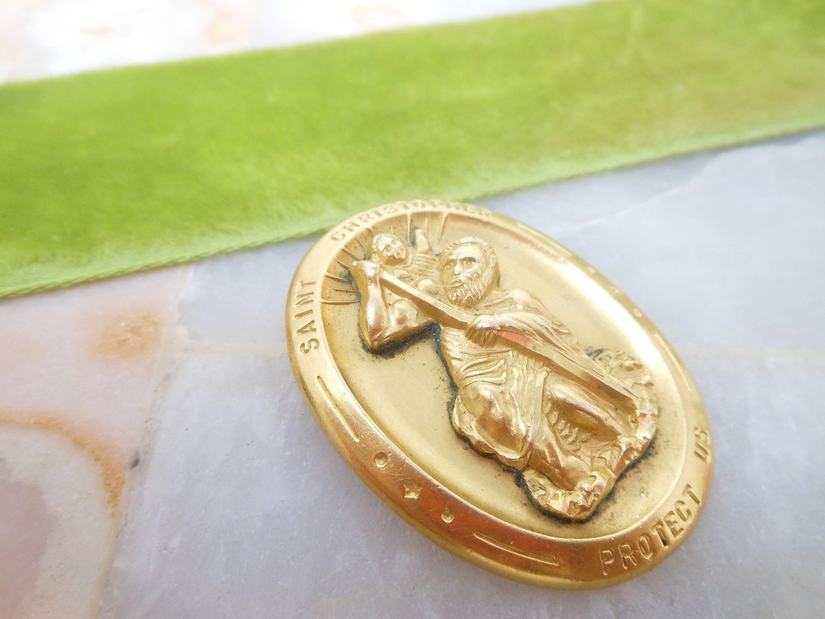 Vintage THEDA Gold Fill Pendant Medallion Saint Christopher GF Religious Catholic Medal Designer Mid Century Jewelry Gift, VivianJoel.com