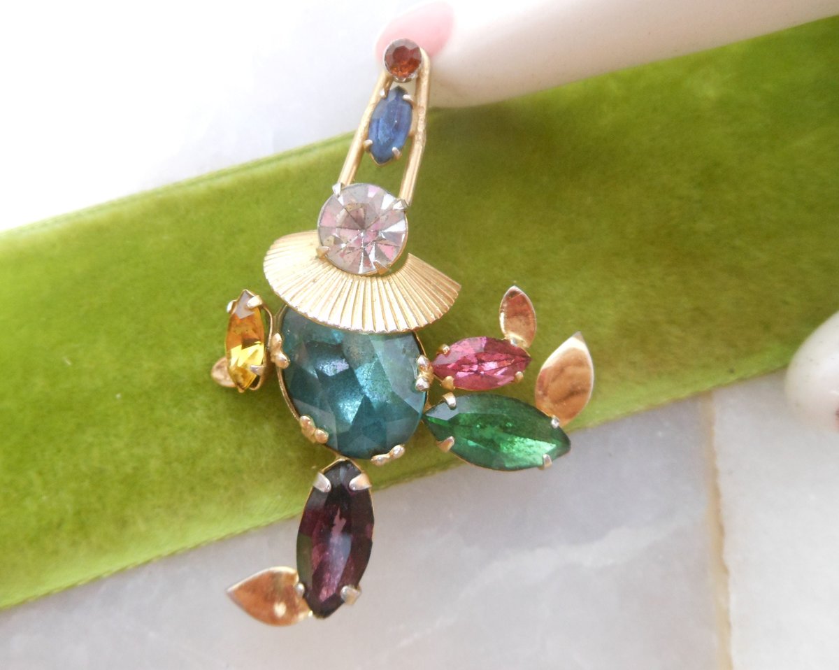 Vintage CORO Clown Brooch Crystal Rhinestone Pin Fruit Salad Circus Figural Designer Mid Century Jewelry Gift, VivianJoel.com