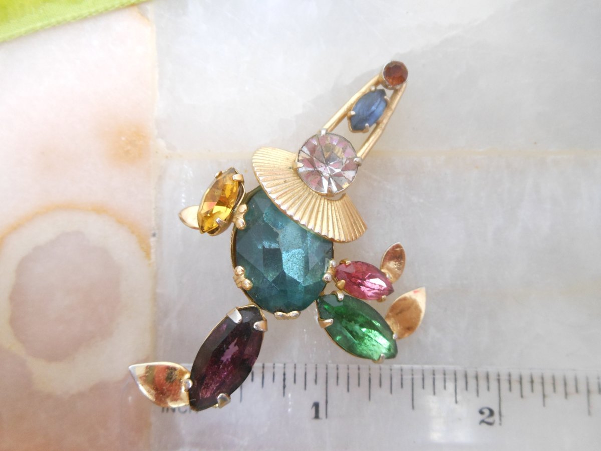 Vintage CORO Clown Brooch Crystal Rhinestone Pin Fruit Salad Circus Figural Designer Mid Century Jewelry Gift, VivianJoel.com