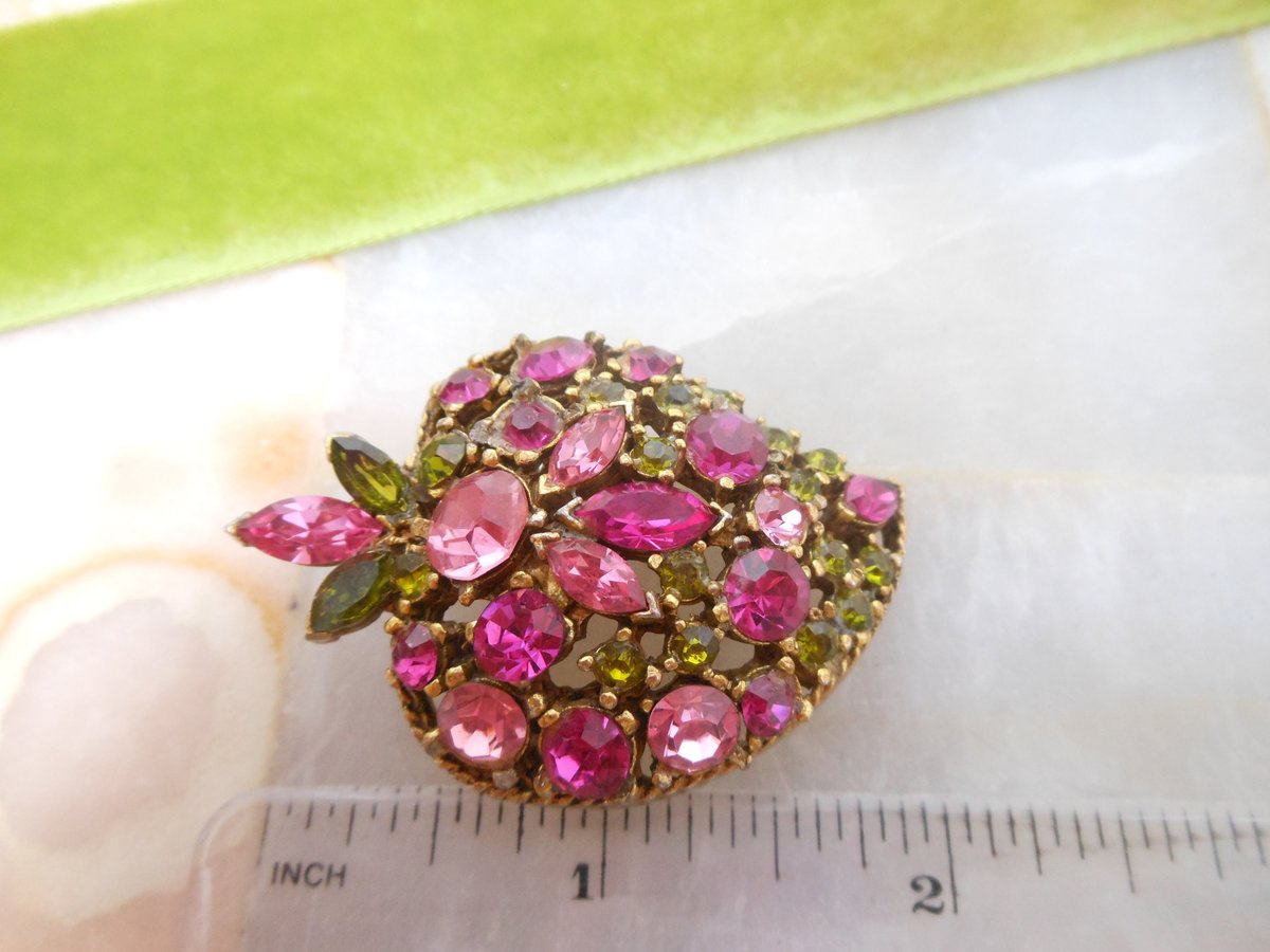 Vintage Pink Green Brooch Crystal Rhinestone Pin Leaf Fruit Gift Mid Century Jewelry, VivianJoel.com
