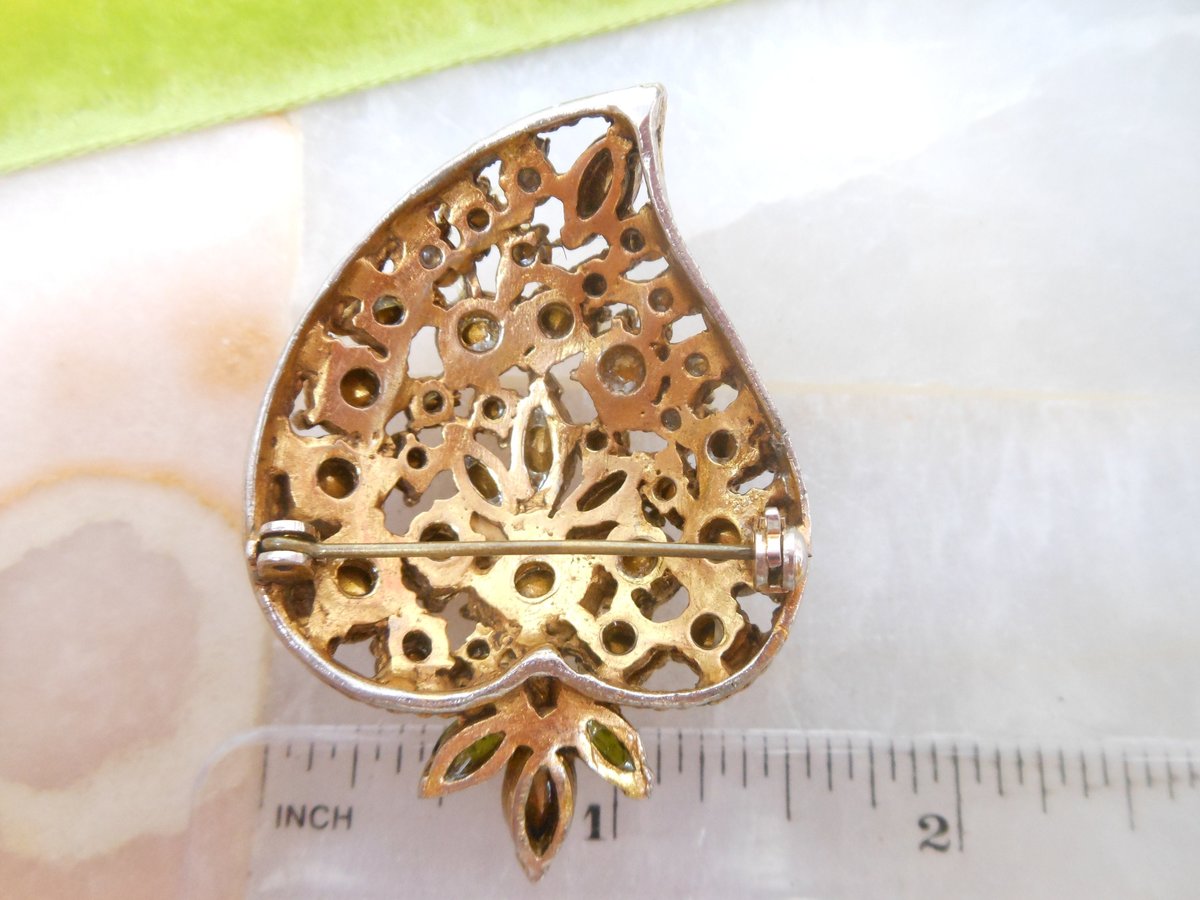 Vintage Pink Green Brooch Crystal Rhinestone Pin Leaf Fruit Gift Mid Century Jewelry, VivianJoel.com