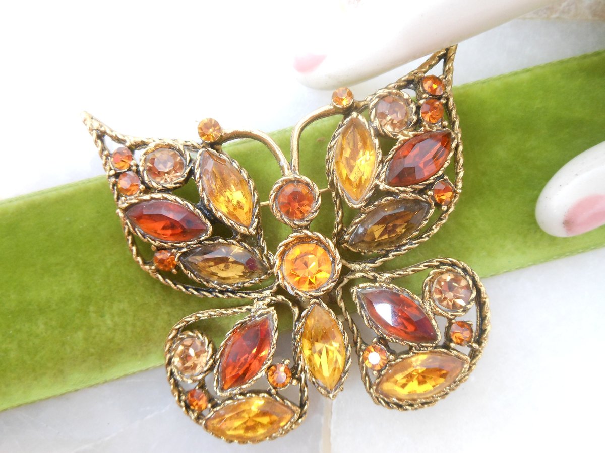 Vintage Topaz Orange Butterfly Pin Brooch Insect Bug Crystal Rhinestone Figural Statement Jewelry Gift, VivianJoel.com