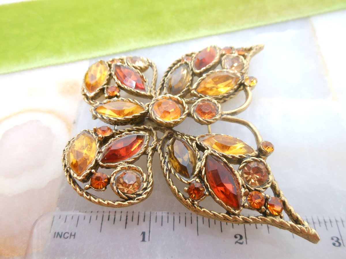 Vintage Topaz Orange Butterfly Pin Brooch Insect Bug Crystal Rhinestone Figural Statement Jewelry Gift, VivianJoel.com