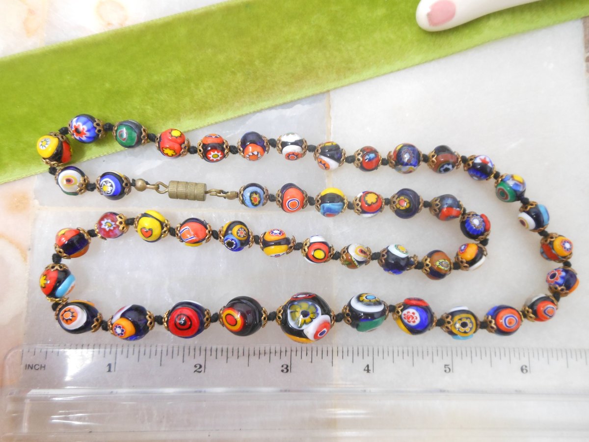 Vintage Millefiori Bead Long 25" Necklace Million Flower Art Glass Venetian Murano Jewelry Gift Mid Century, VivianJoel.com