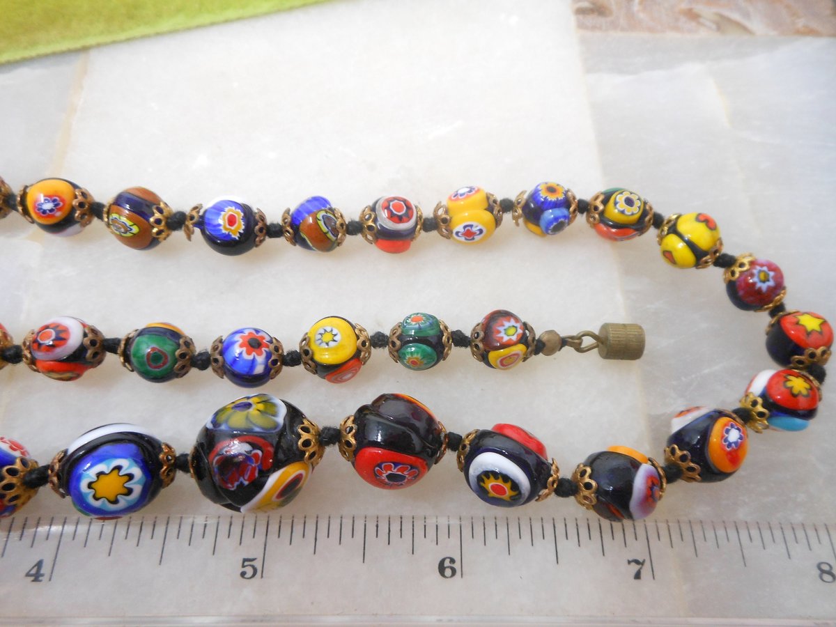 Vintage Millefiori Bead Long 25" Necklace Million Flower Art Glass Venetian Murano Jewelry Gift Mid Century, VivianJoel.com