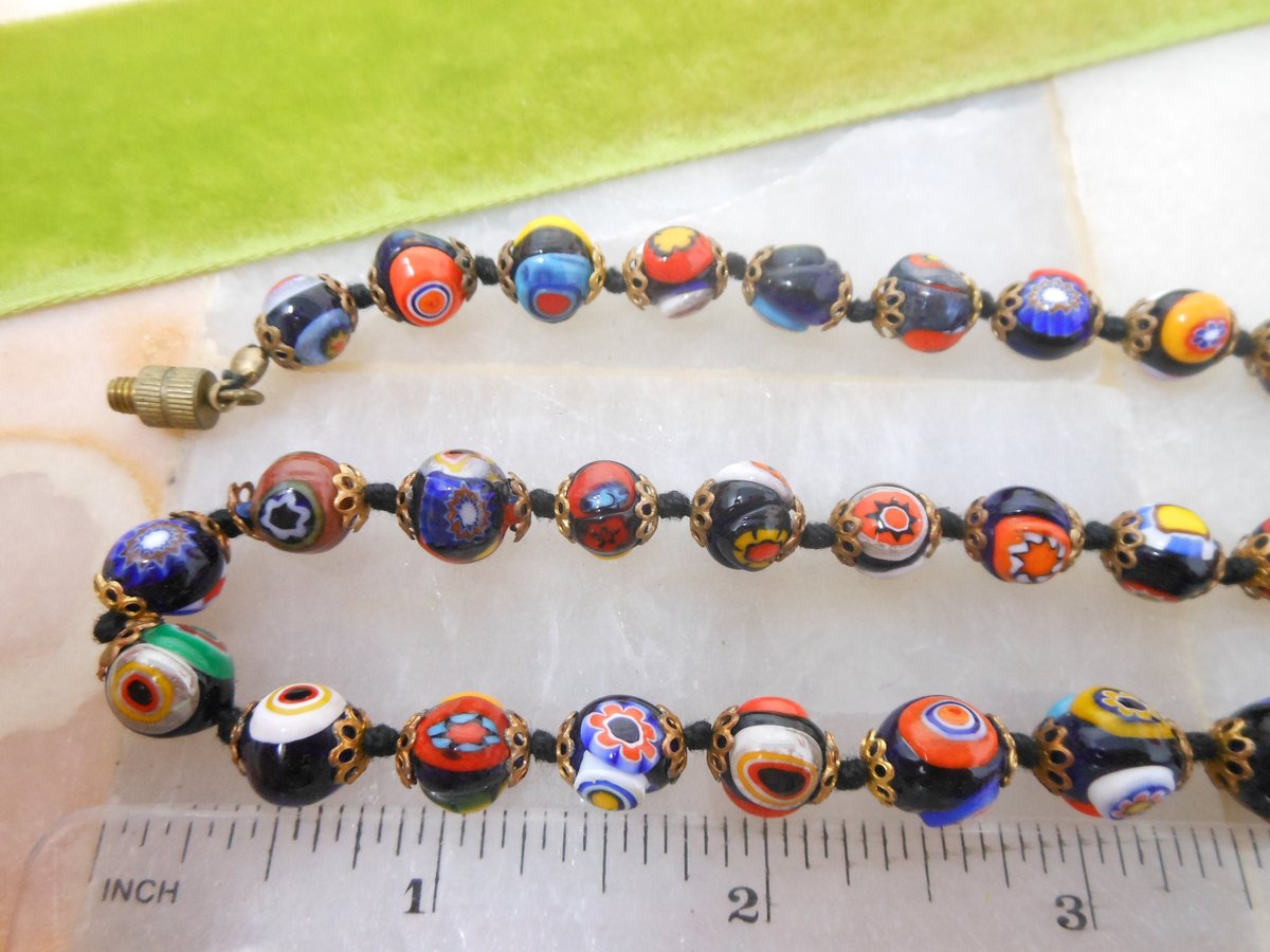 Vintage Millefiori Bead Long 25" Necklace Million Flower Art Glass Venetian Murano Jewelry Gift Mid Century, VivianJoel.com