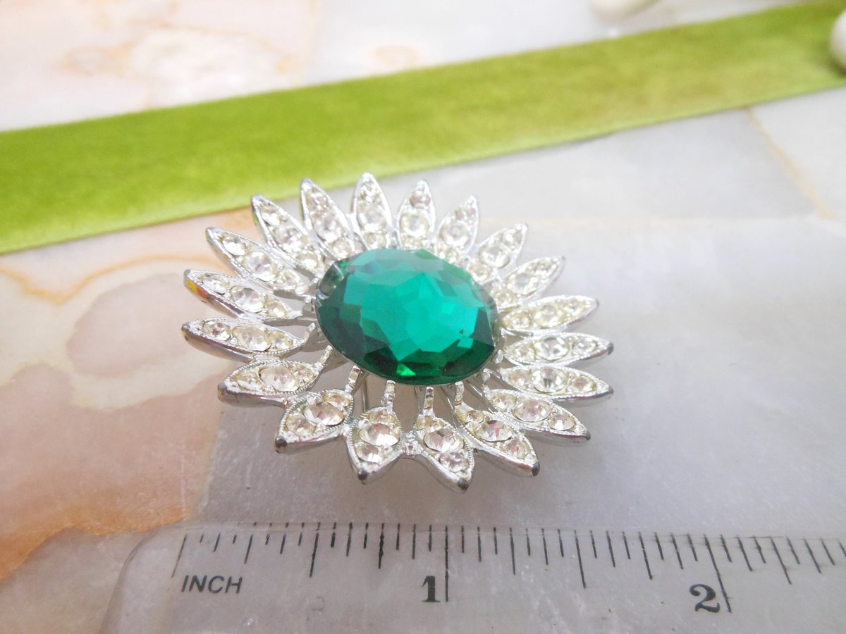 Vintage SARAH COVENTRY Flower Sunburst Pin Brooch Rhinestone Emerald Green Kathleen Designer Jewelry Gift Mid Century, VivianJoel.com