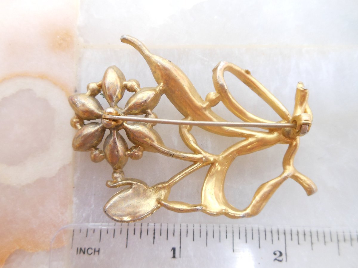 Vintage Rhinestone Flower Pin Pot Metal Brooch Crystal Bouquet Art Deco Mid Century Jewelry Gift, VivianJoel.com
