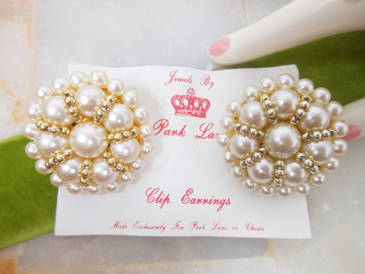 Vintage PARK LANE Jumbo Earrings Faux Pearl Bead Cluster Gold Tone Clip On Designer Mid Century Jewelry Gift, VivianJoel.com