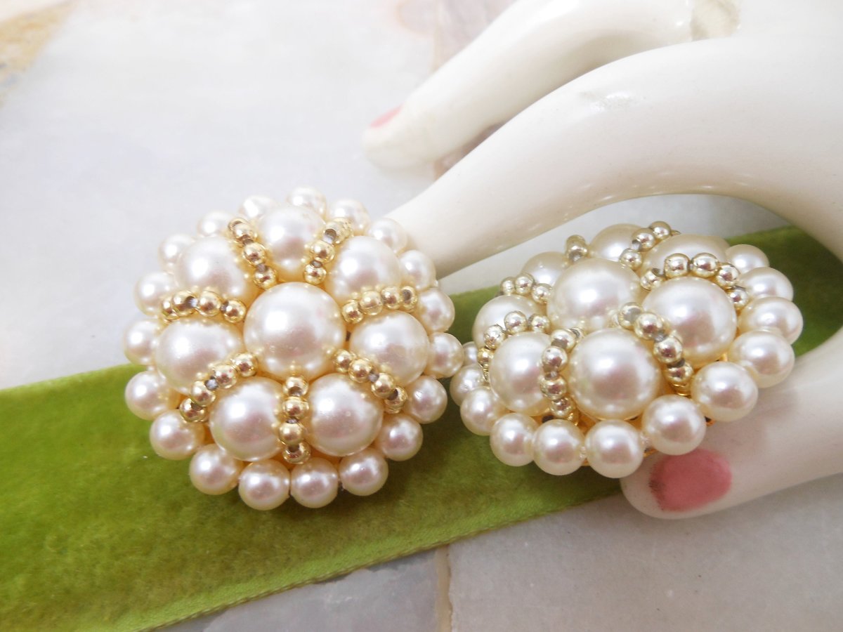 Vintage PARK LANE Jumbo Earrings Faux Pearl Bead Cluster Gold Tone Clip On Designer Mid Century Jewelry Gift, VivianJoel.com