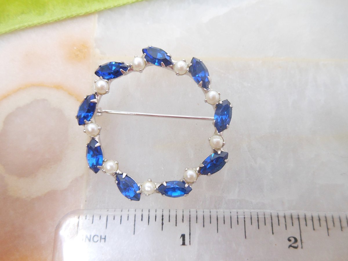 Vintage B DAVID Blue Rhinestone Pearl Pin Brooch Infinity Wreath Circle Jewelry Designer Gift Mid Century, VivianJoel.com
