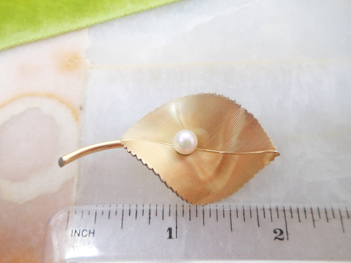 Vintage KREMENTZ Pearl Brooch Leaf Designer Pin Gold Overlay Delicate Minimalist Designer Jewelry Mid Century, VivianJoel.com