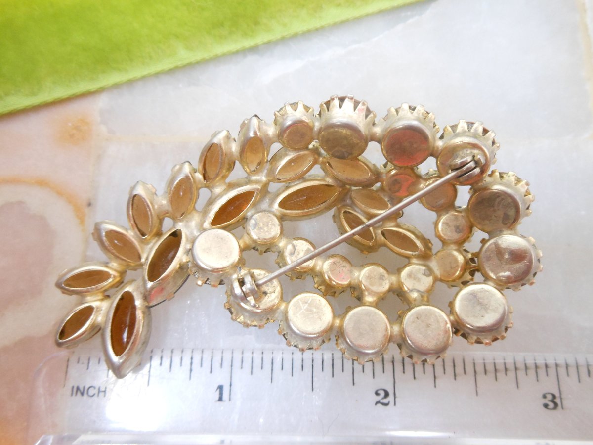 Vintage Topaz Crystal Brooch Rhinestone Paisley Comet Pin Aurora Borealis Open Back Jewelry Mid Century, VivianJoel.com