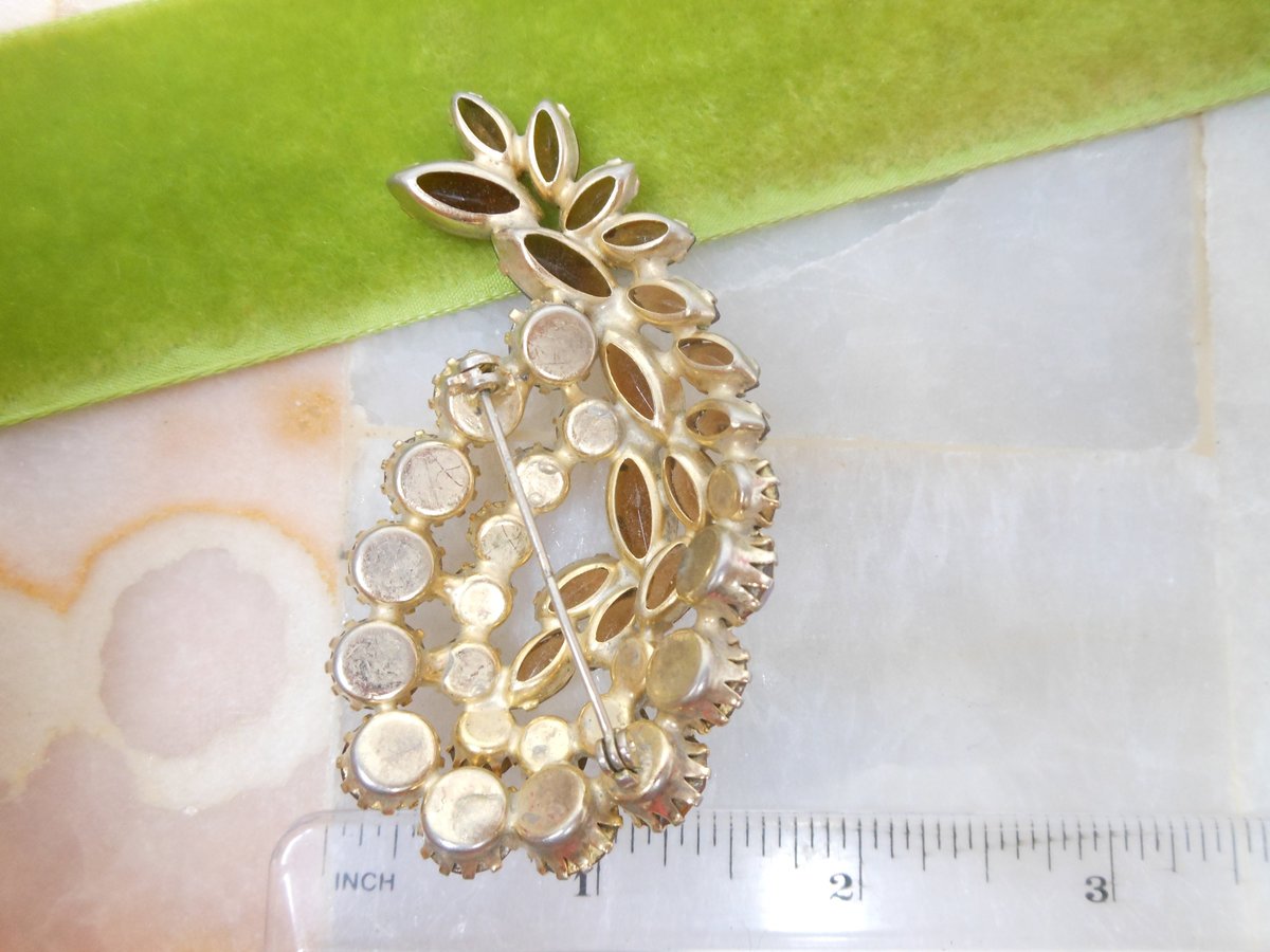 Vintage Topaz Crystal Brooch Rhinestone Paisley Comet Pin Aurora Borealis Open Back Jewelry Mid Century, VivianJoel.com