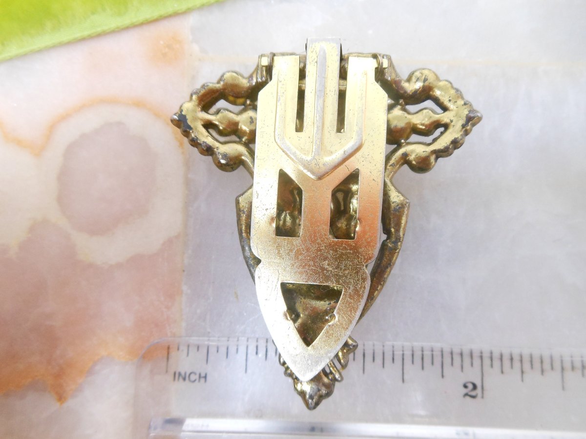 Vintage Art Deco Ornate Fur Dress Clip Brooch Blue Milk Glass Coral Bead Pot Metal Mid Century Jewelry, VivianJoel.com