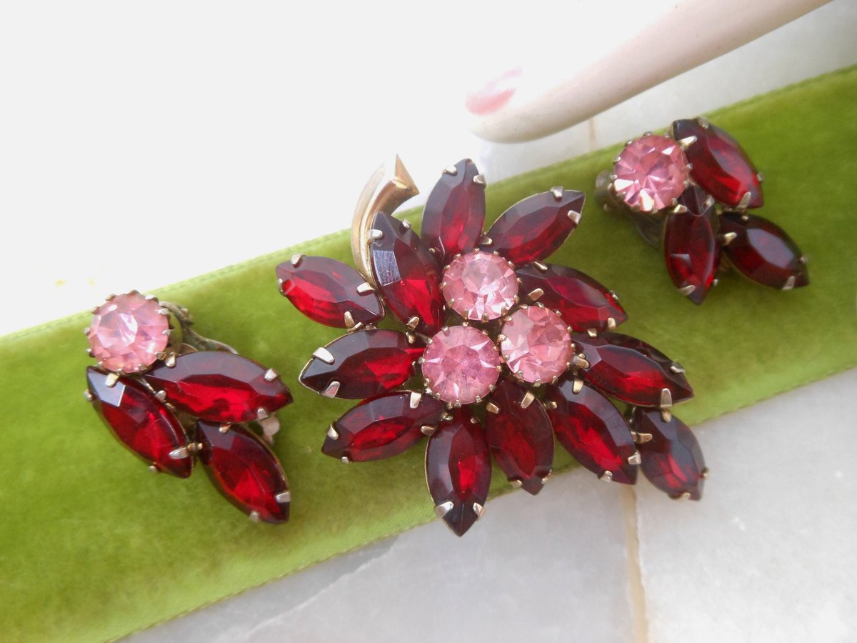 Vintage Ruby Red Brooch Flower Pin Earrings Set Pink Rhinestone Crystal Flower Leaf Jewelry Gift Mid Century, VivianJoel.com