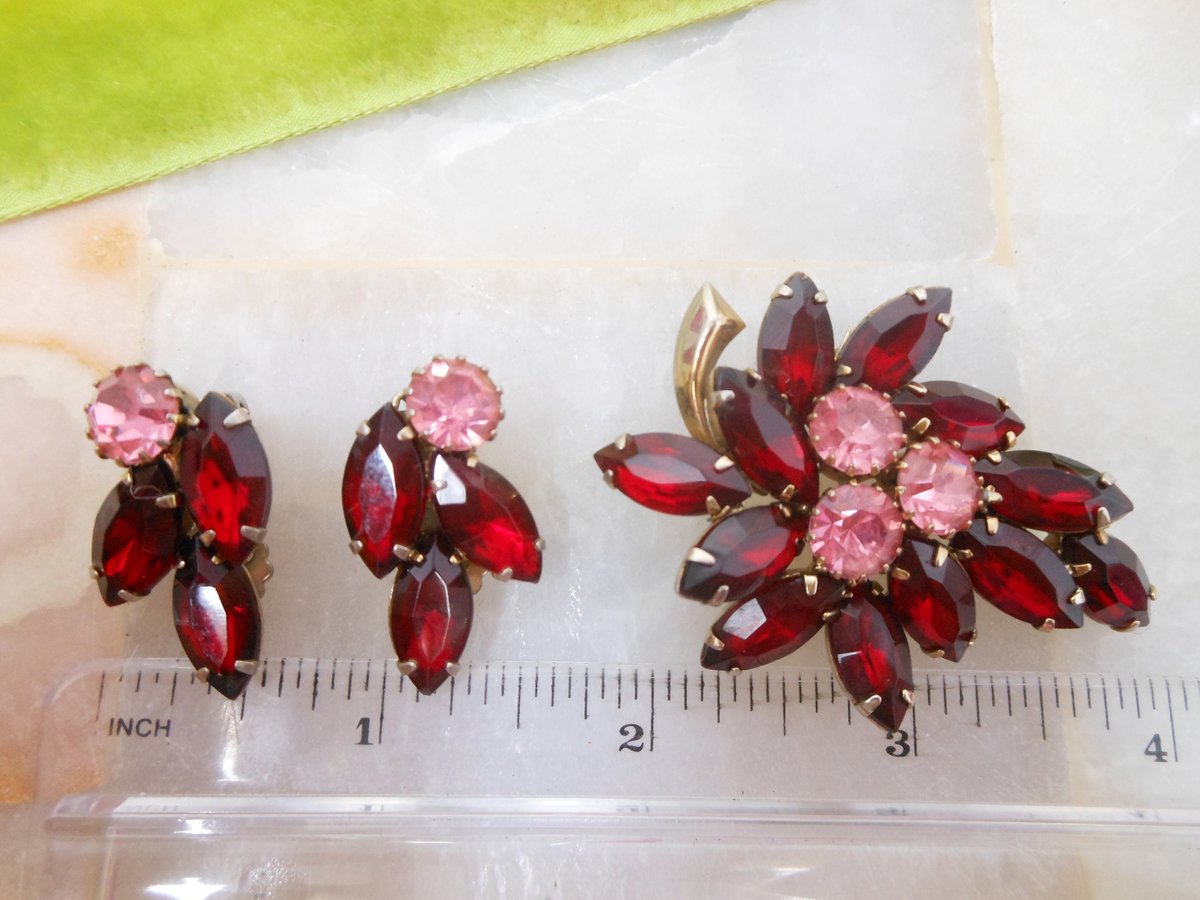 Vintage Ruby Red Brooch Flower Pin Earrings Set Pink Rhinestone Crystal Flower Leaf Jewelry Gift Mid Century, VivianJoel.com