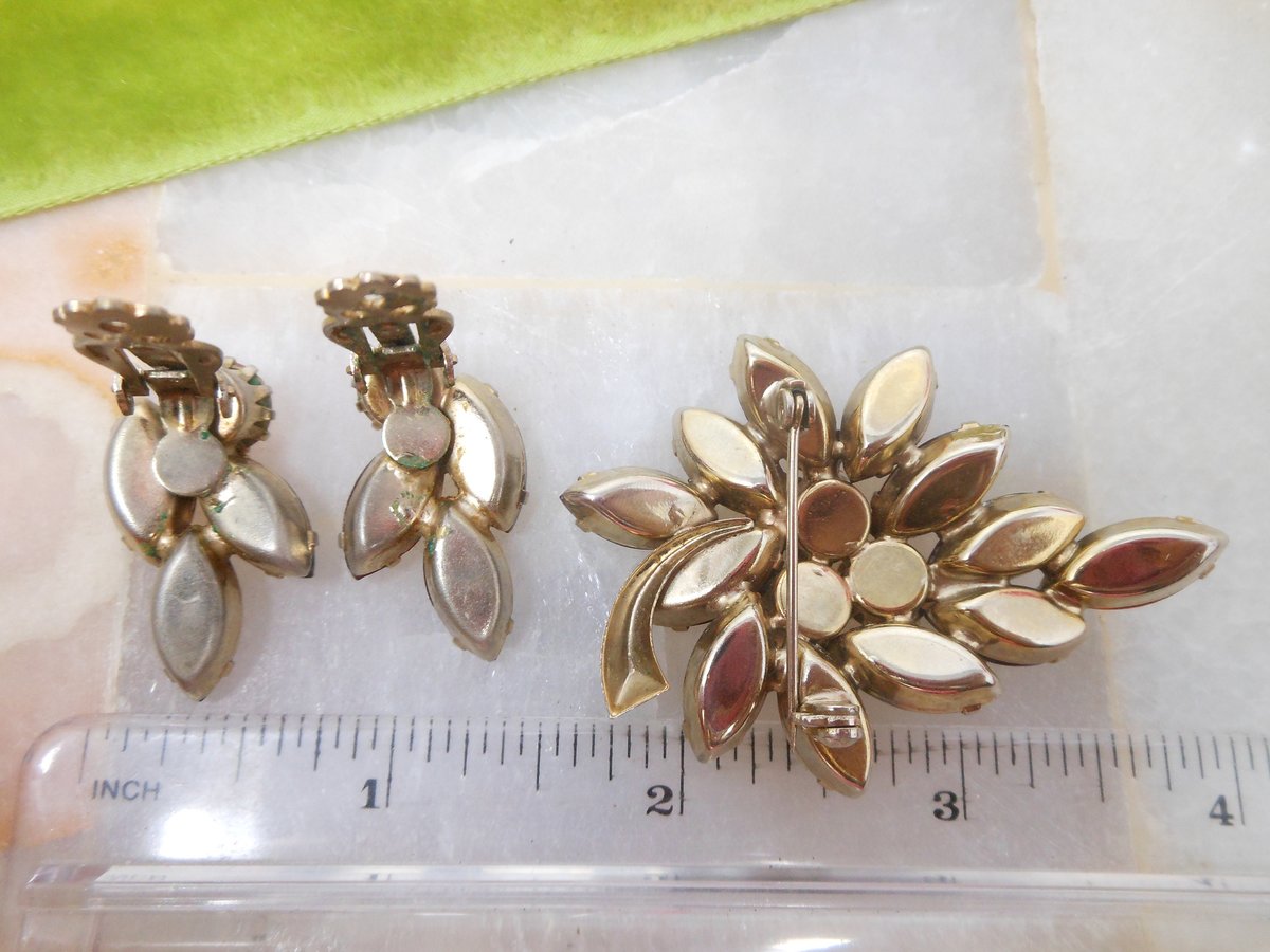 Vintage Ruby Red Brooch Flower Pin Earrings Set Pink Rhinestone Crystal Flower Leaf Jewelry Gift Mid Century, VivianJoel.com