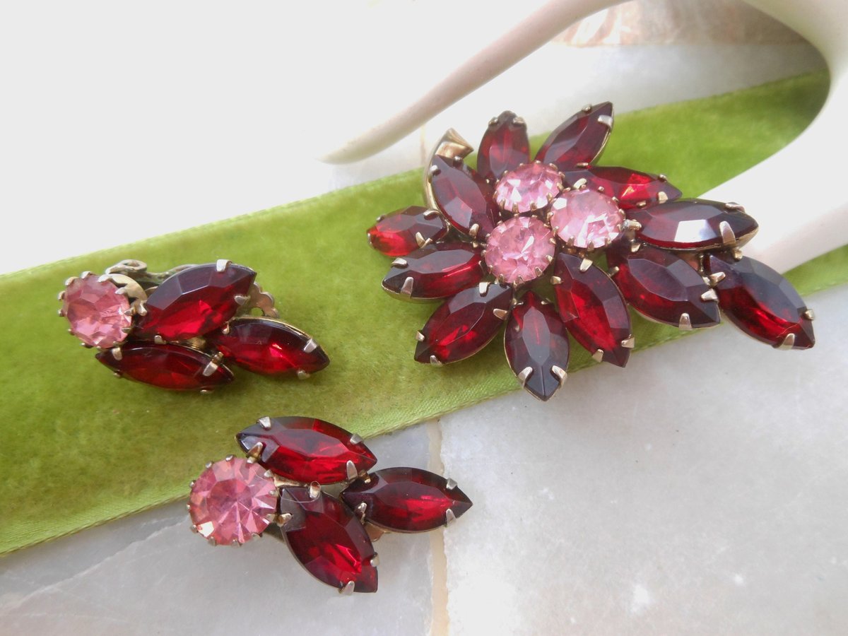 Vintage Ruby Red Brooch Flower Pin Earrings Set Pink Rhinestone Crystal Flower Leaf Jewelry Gift Mid Century, VivianJoel.com