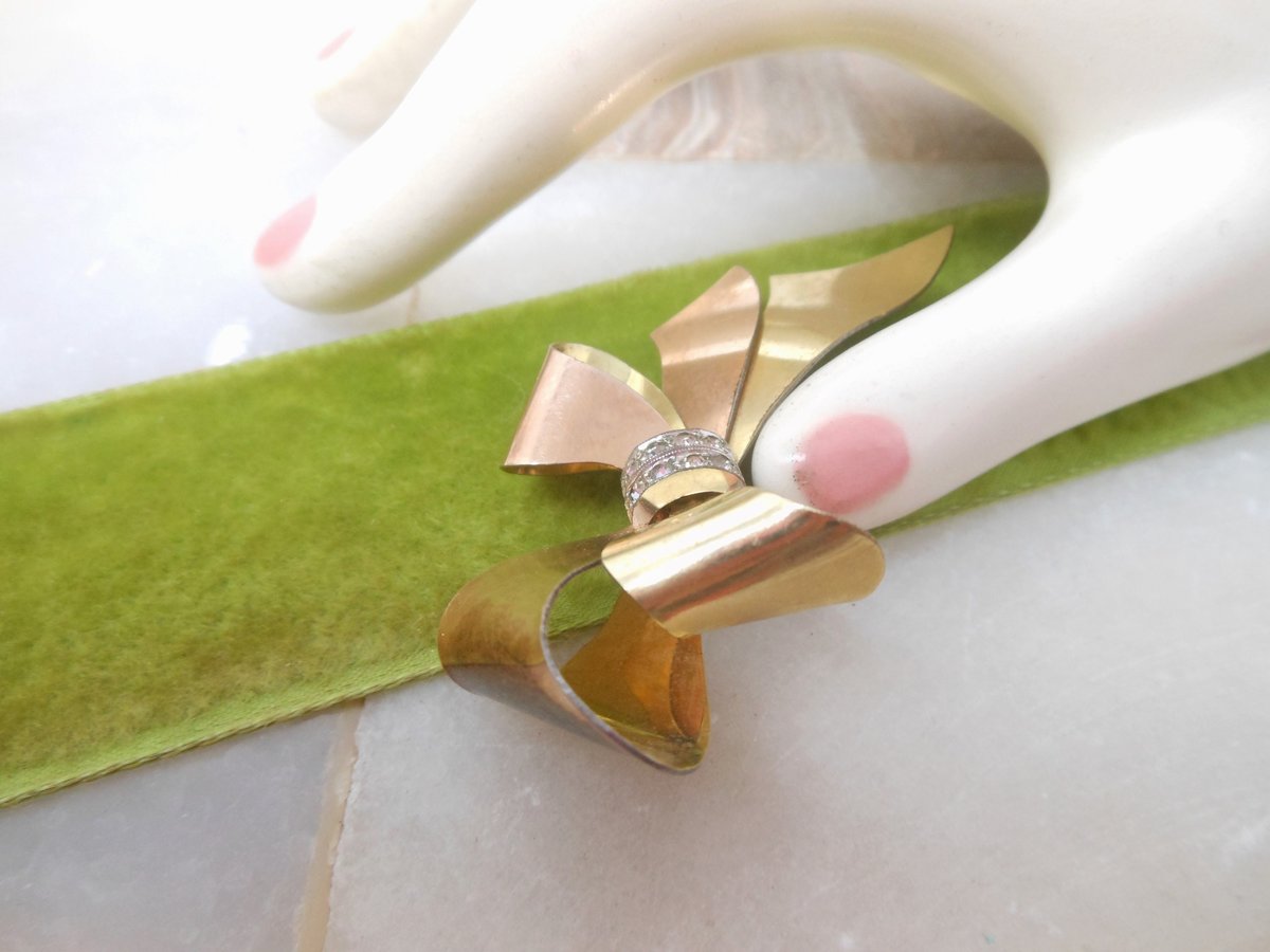 Vintage TAYLORD Gold Fill Ribbon Bow Brooch Pin Two Tone GF Clear Rhinestone Mid Century Designer Jewelry, VivianJoel.com