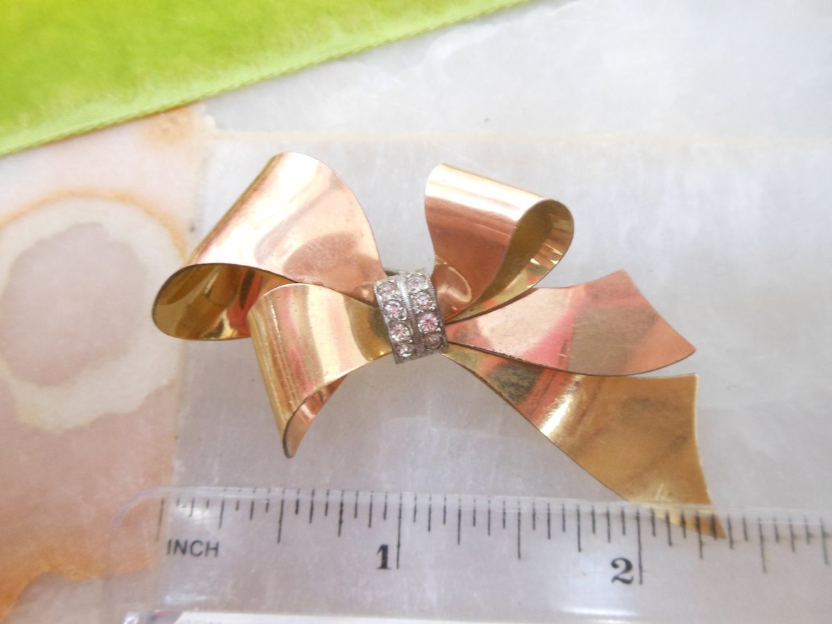 Vintage TAYLORD Gold Fill Ribbon Bow Brooch Pin Two Tone GF Clear Rhinestone Mid Century Designer Jewelry, VivianJoel.com