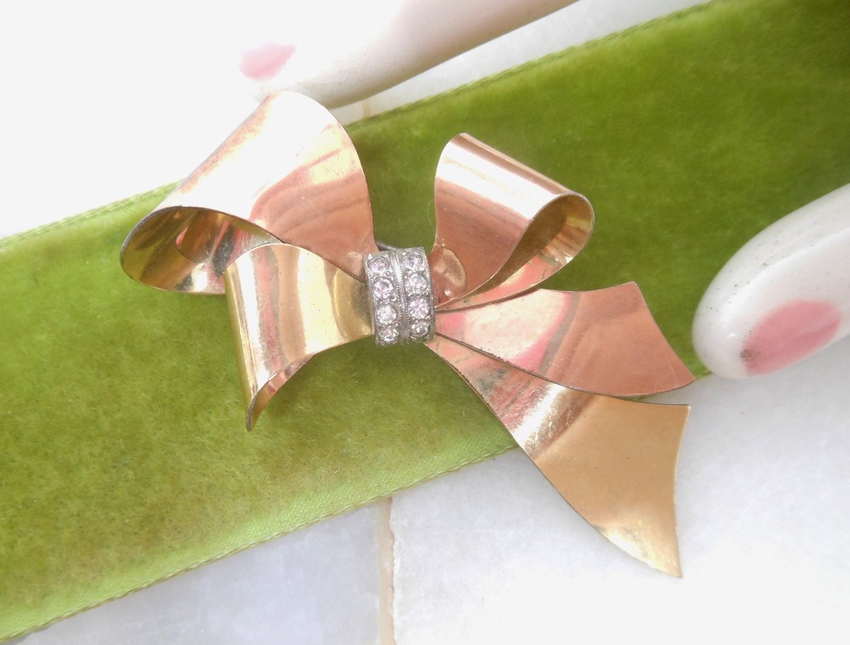Vintage TAYLORD Gold Fill Ribbon Bow Brooch Pin Two Tone GF Clear Rhinestone Mid Century Designer Jewelry, VivianJoel.com